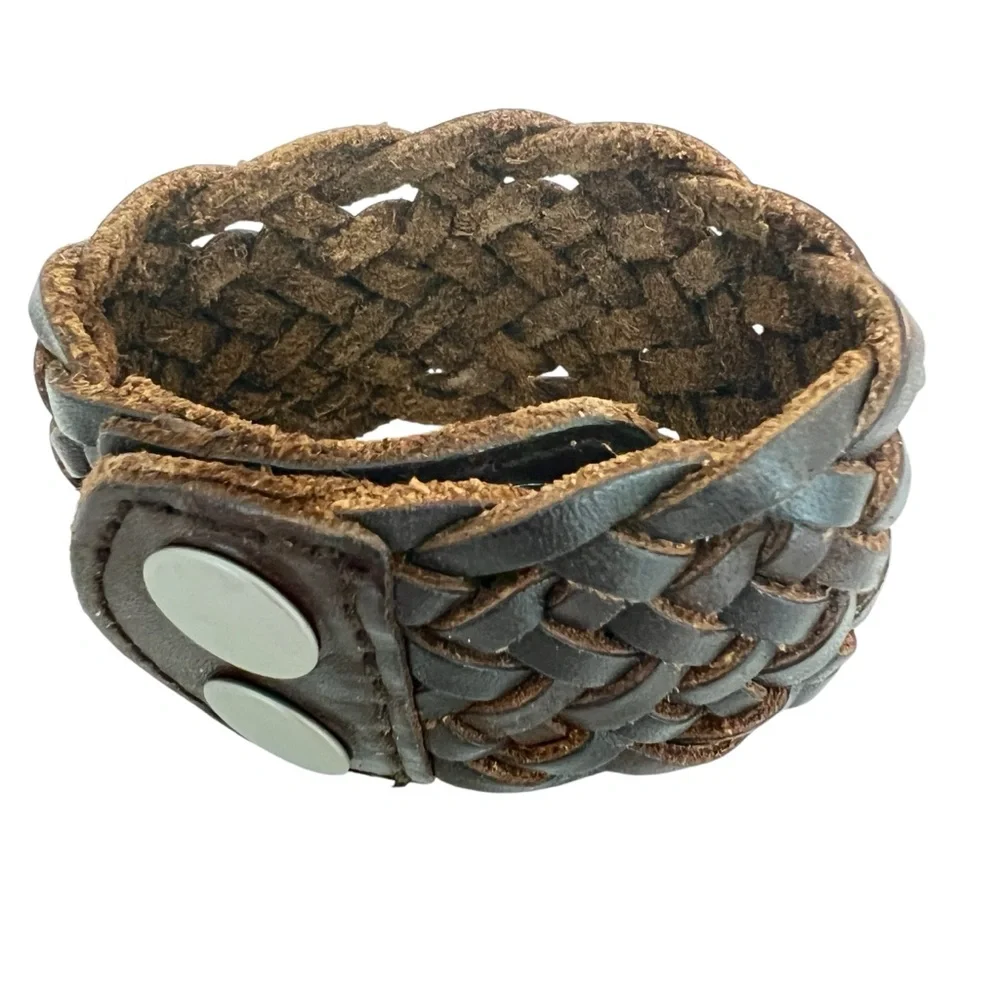 Woven Leather Cuff Bracelet Brown Silver Reversible Unisex Wide Statement Band